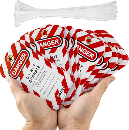 OSHA Compliant LOTO danger tags, red and white plastic with zip ties, by BOZZYS Factory