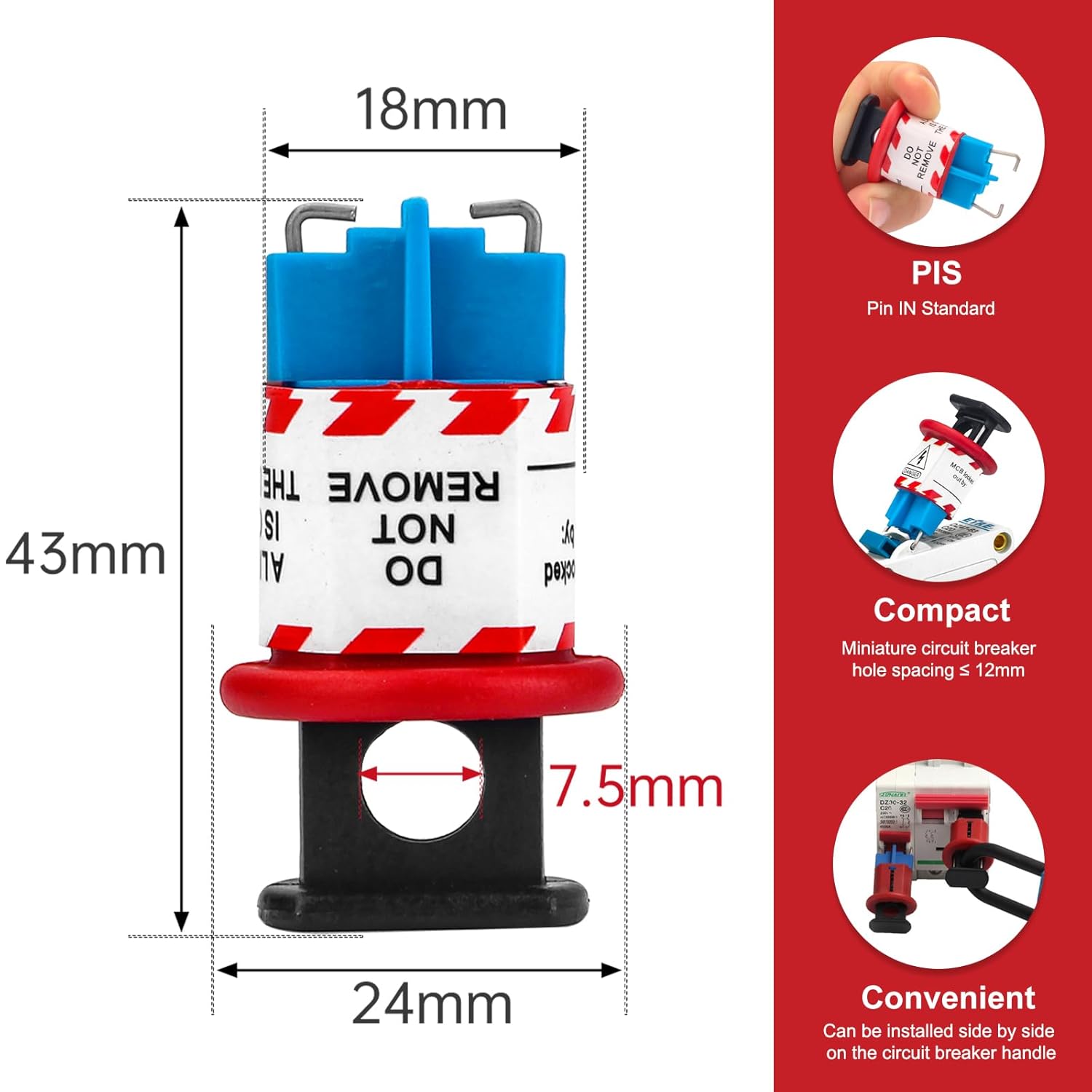OSHA Compliant LOTO circuit breaker lockout, blue and red plastic, by BOZZYS Factory