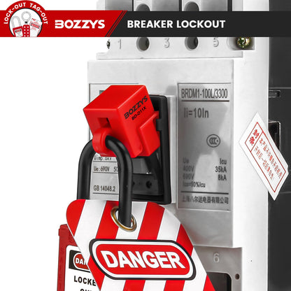 OSHA Compliant LOTO breaker lockout, red plastic, with danger tag by BOZZYS Factory