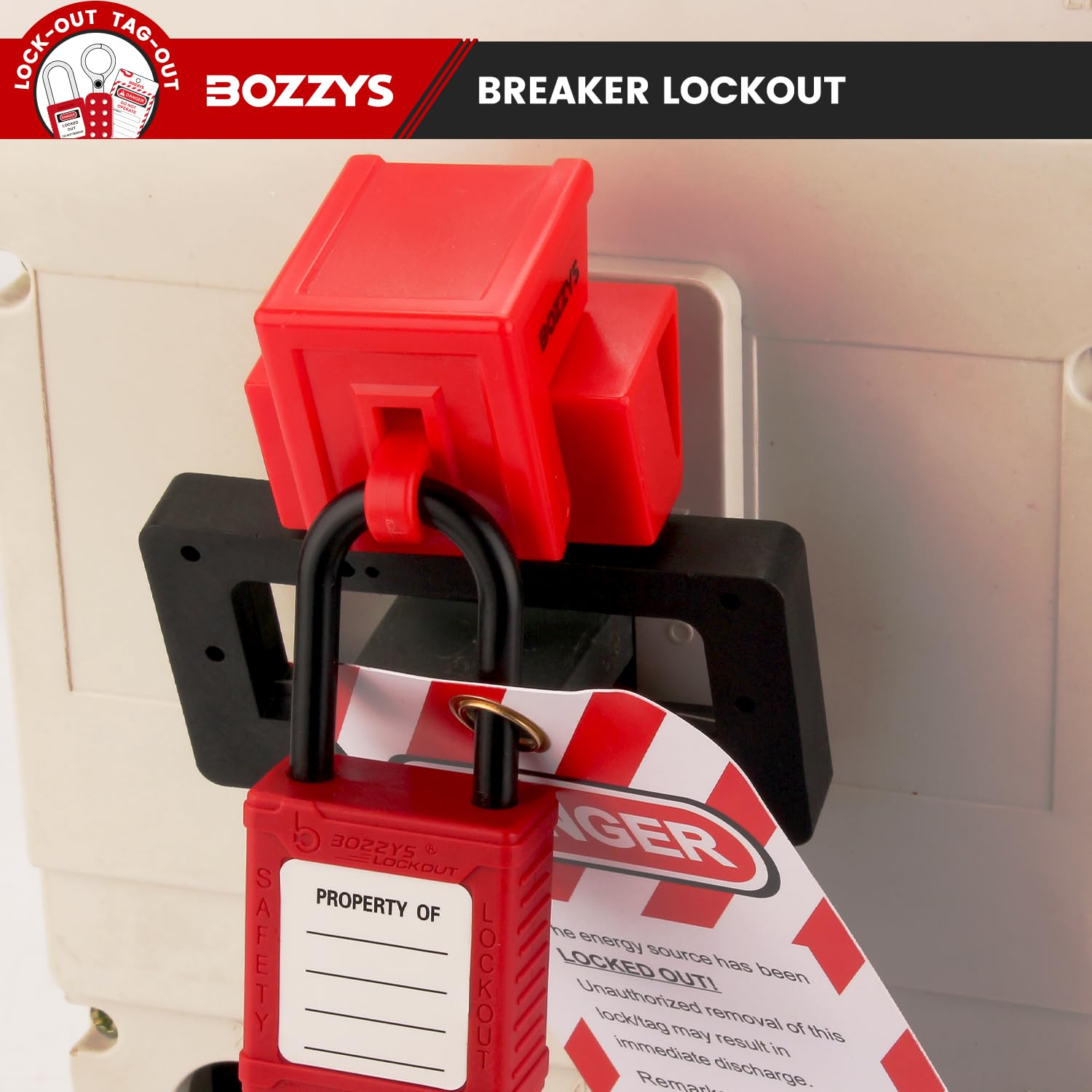 OSHA Compliant LOTO breaker lockout, red plastic padlock and device, by BOZZYS Factory