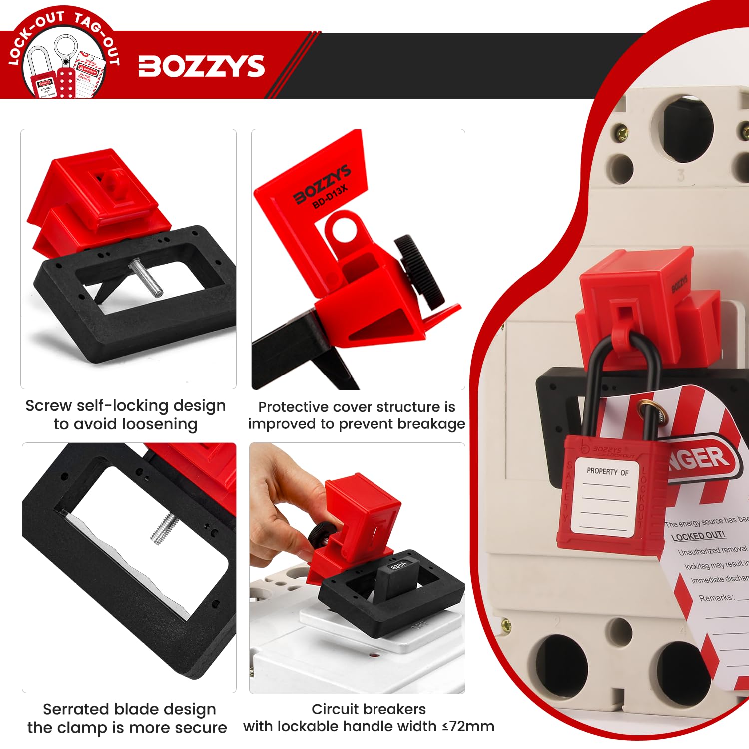 OSHA Compliant LOTO circuit breaker lockout device, red plastic with padlock by BOZZYS Factory