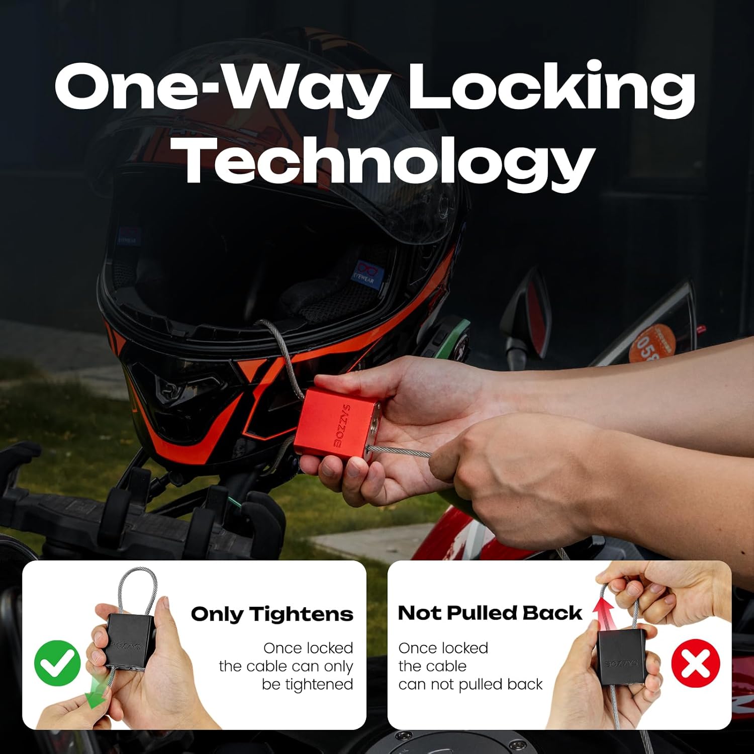 OSHA Compliant LOTO cable lockout, red metal, shown securing a motorcycle helmet by BOZZYS Factory