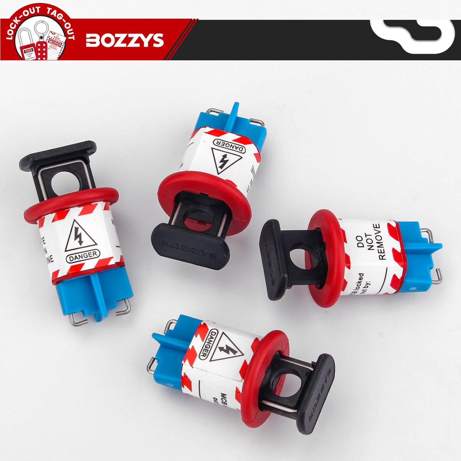 OSHA Compliant LOTO circuit breaker lockout, plastic and metal in red, blue, black by BOZZYS Factory