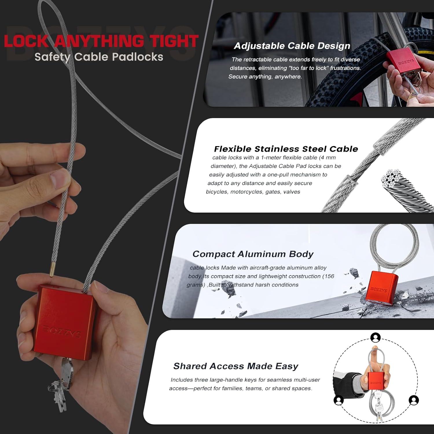 OSHA Compliant LOTO adjustable cable padlock with red aluminum body and flexible stainless steel cable by BOZZYS Factory