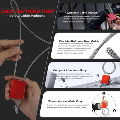 OSHA Compliant LOTO adjustable cable padlock with red aluminum body and flexible stainless steel cable by BOZZYS Factory