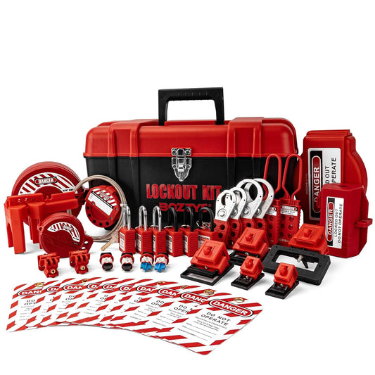 OSHA Compliant LOTO lockout kit with red plastic padlocks and valve lockouts by BOZZYS Factory