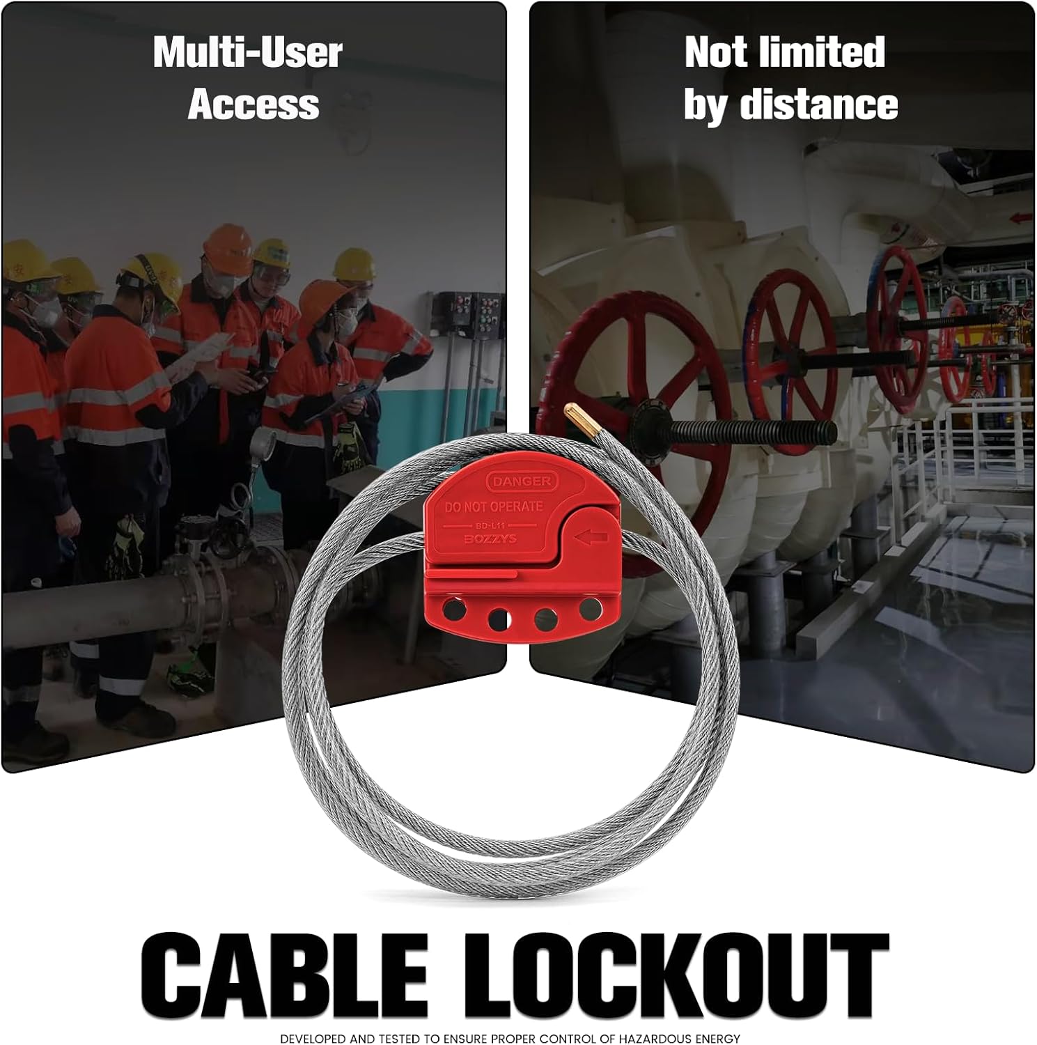 OSHA Compliant LOTO cable lockout, red plastic and steel, industrial use by BOZZYS Factory