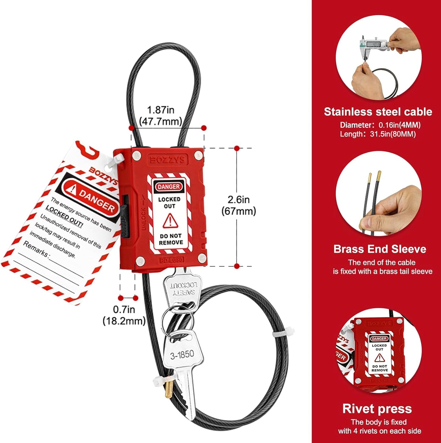 OSHA compliant LOTO cable lockout with red plastic body, steel cable, brass end sleeve by BOZZYS Factory