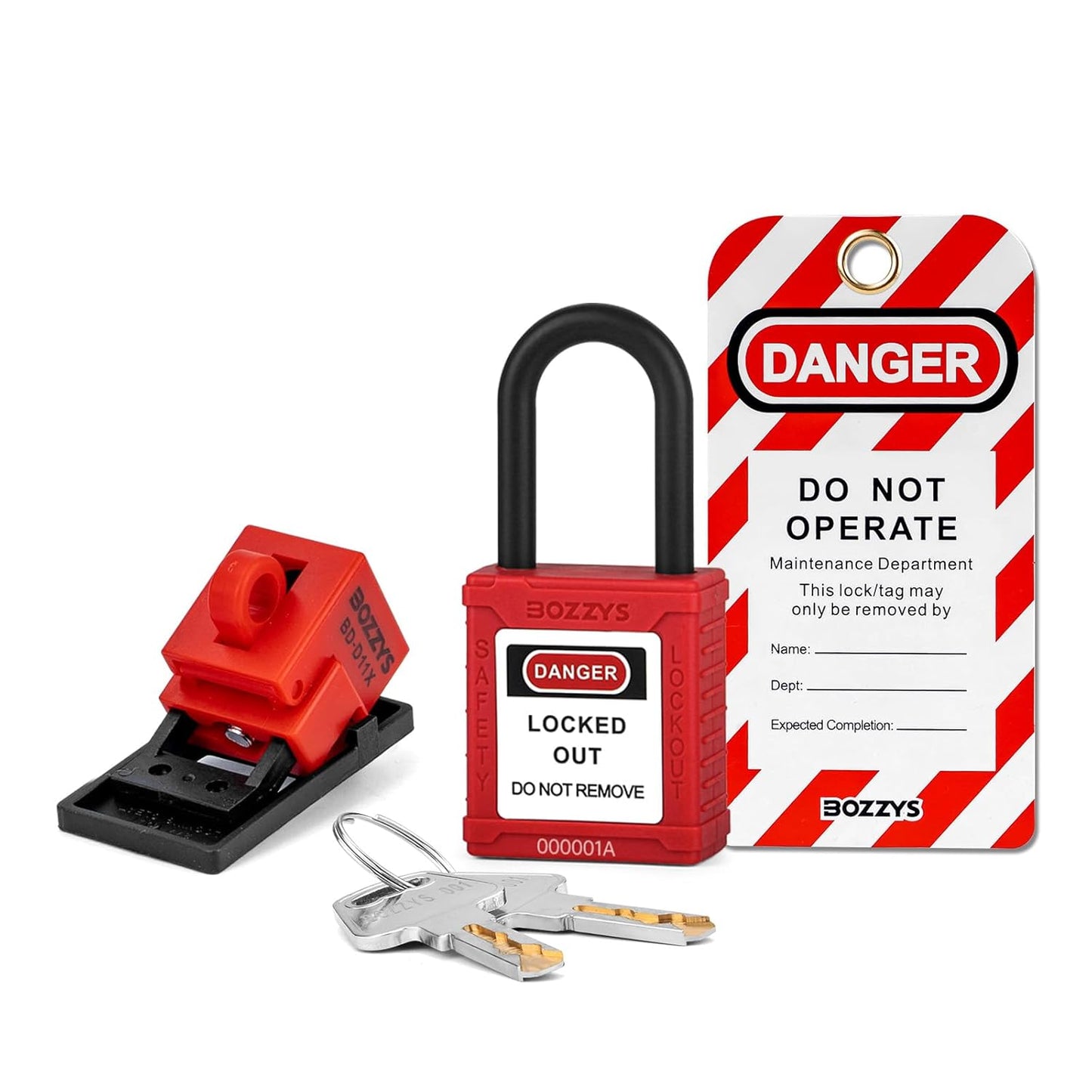 OSHA Compliant LOTO red safety padlock, tag, valve lockout, and keys by BOZZYS Factory