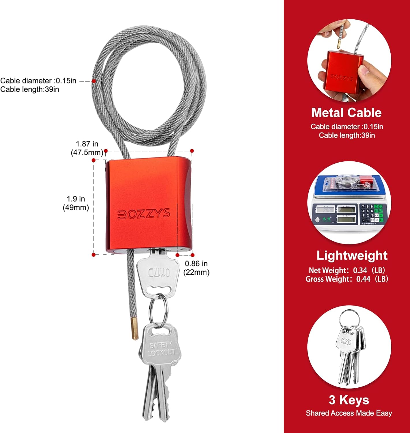 OSHA Compliant LOTO metal cable lockout, red aluminum body, with 3 keys by BOZZYS Factory