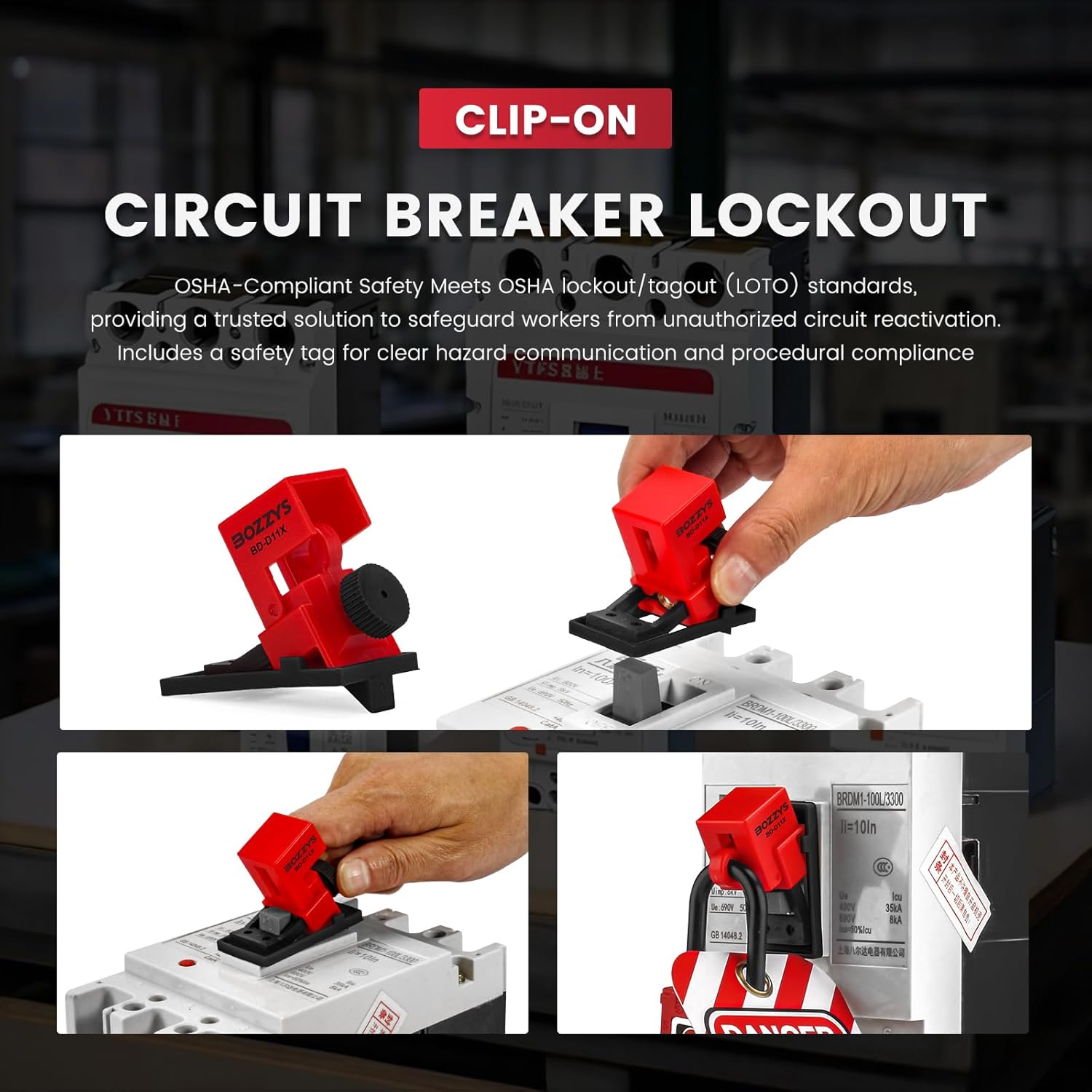 OSHA Compliant red LOTO circuit breaker lockout device, durable plastic, by BOZZYS Factory