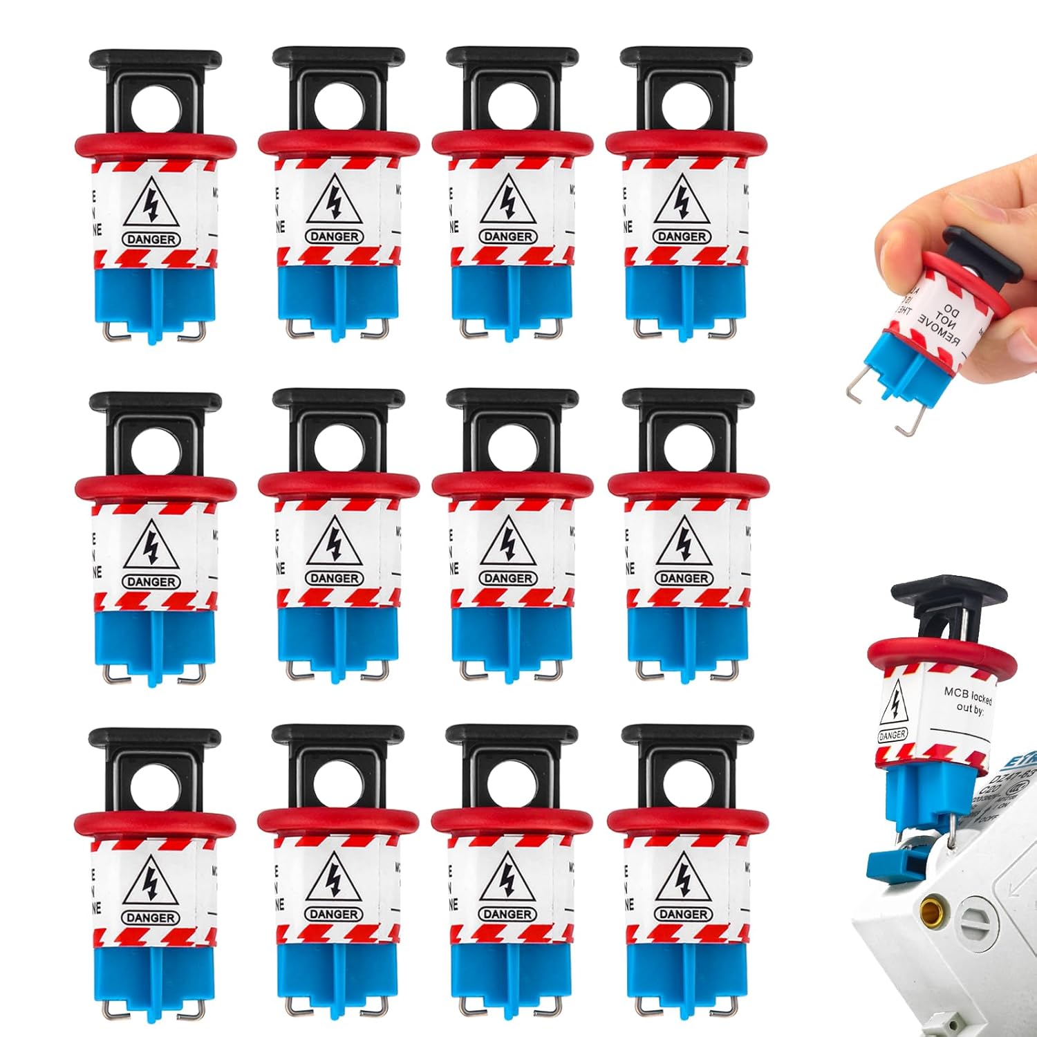 OSHA Compliant LOTO circuit breaker lockout, plastic red and blue, by BOZZYS Factory