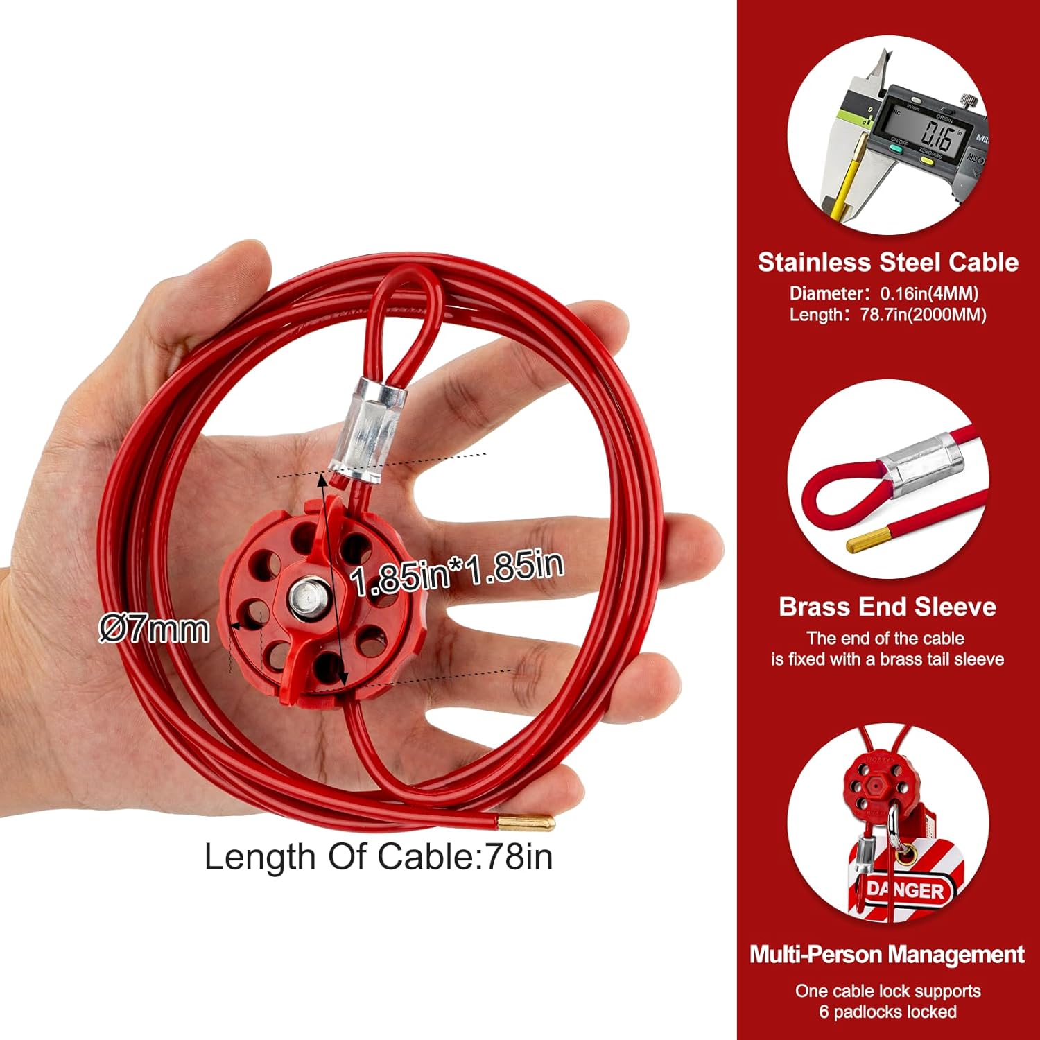 OSHA Compliant LOTO cable lockout device, red steel cable with brass sleeve by BOZZYS Factory