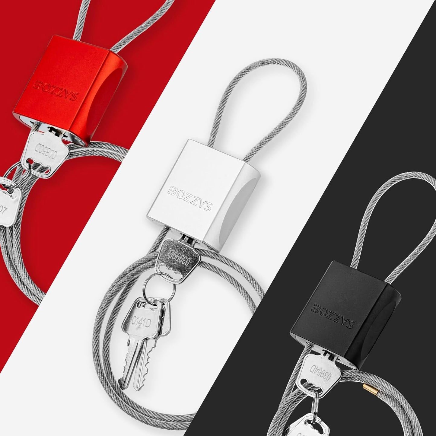 OSHA Compliant LOTO cable lockout padlocks in red, silver, and black by BOZZYS Factory