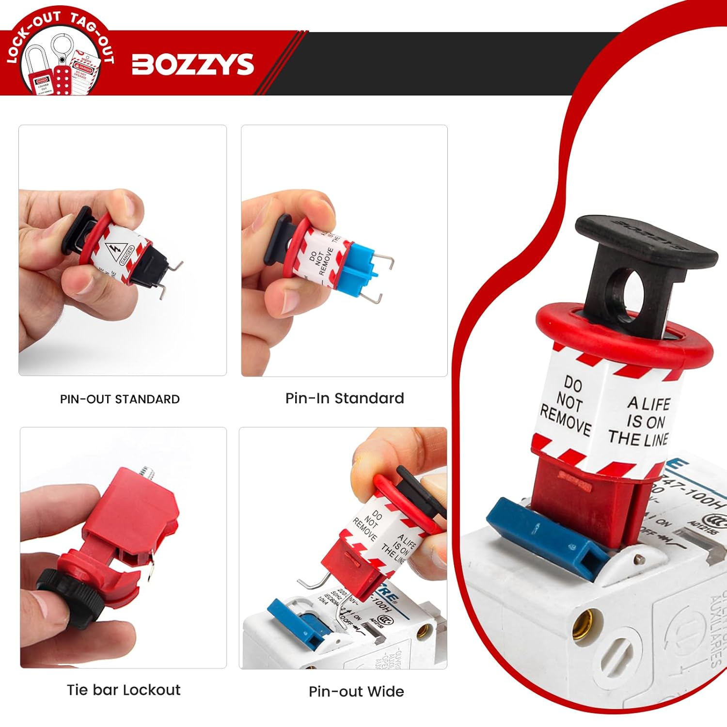 OSHA Compliant LOTO circuit breaker lockout device, red and black plastic, by BOZZYS Factory