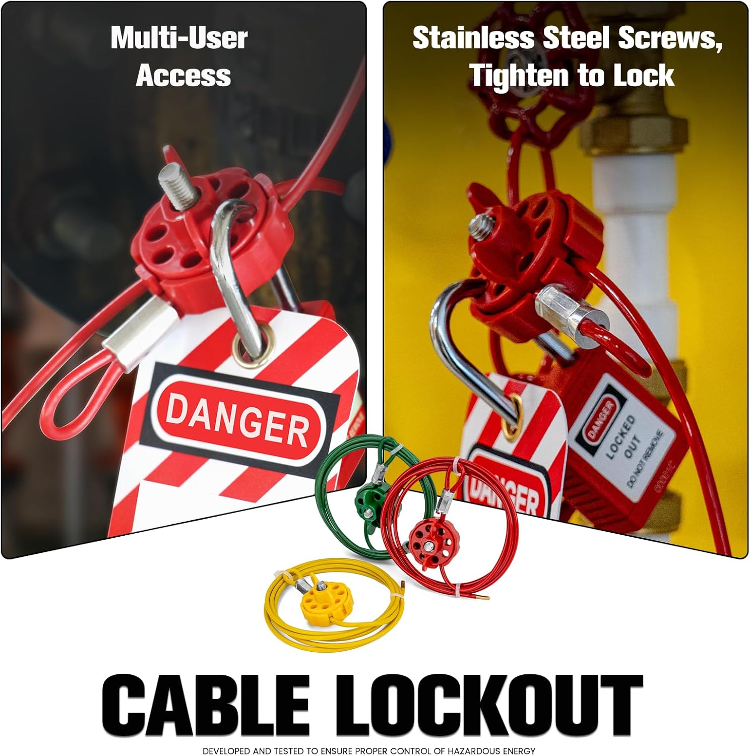 OSHA Compliant LOTO cable lockout device, red plastic, multi-user with tags, by BOZZYS Factory