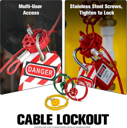 OSHA Compliant LOTO cable lockout device, red plastic, multi-user with tags, by BOZZYS Factory