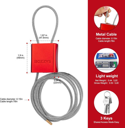 OSHA Compliant LOTO red cable padlock with steel cable and keys, by BOZZYS Factory