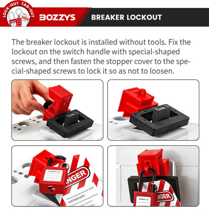 OSHA Compliant LOTO breaker lockout, red and black plastic device, in use, by BOZZYS Factory