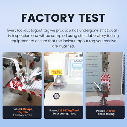 OSHA Compliant LOTO lockout tagout tag in factory lab testing, laminated red and white by BOZZYS Factory