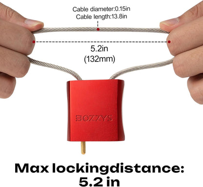 OSHA Compliant LOTO cable lockout, red metal body, max locking distance 5.2in, by BOZZYS Factory
