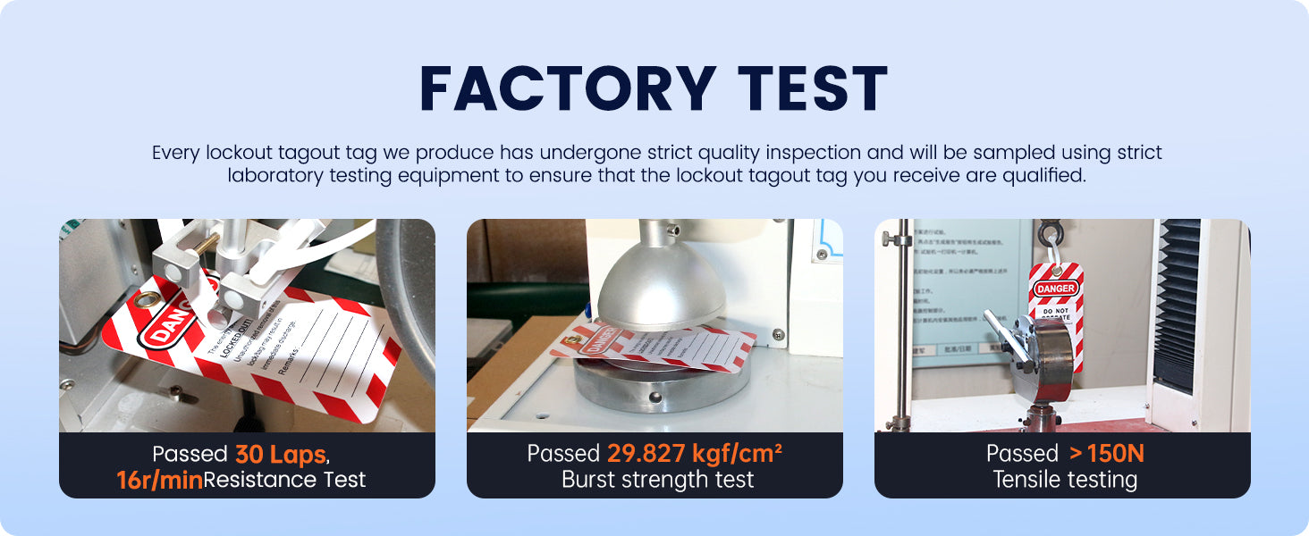 OSHA Compliant LOTO lockout tagout tag, white and red, plastic, factory testing by BOZZYS Factory