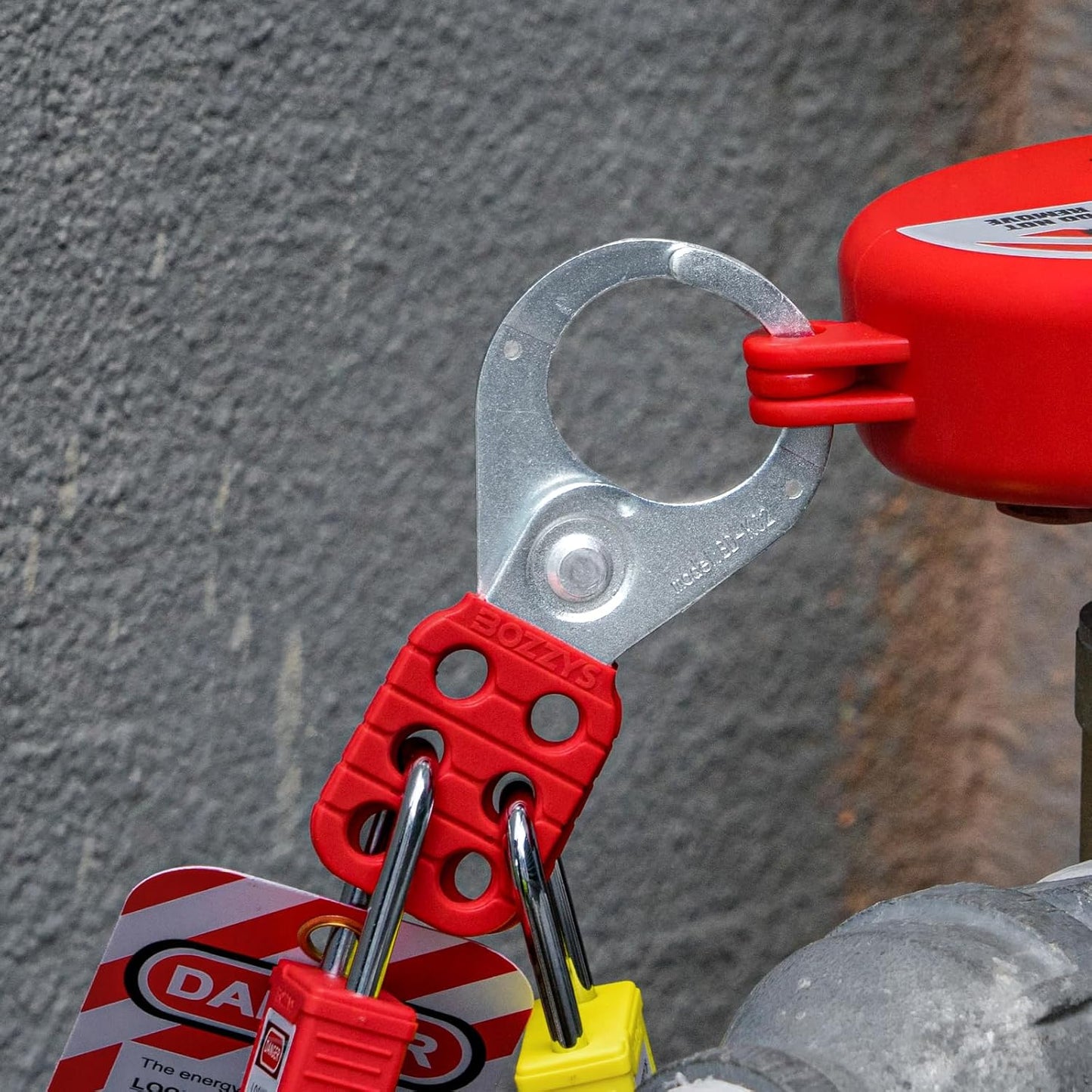 OSHA Compliant LOTO safety lockout hasp, red metal with locks, by BOZZYS Factory