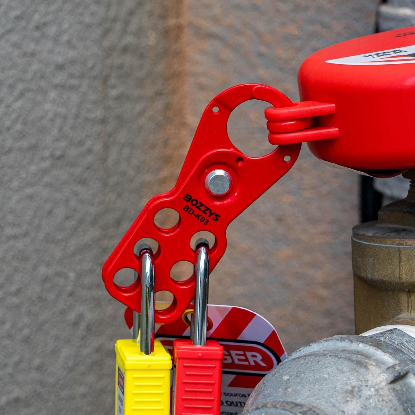 OSHA Compliant LOTO steel red lockout hasp with padlocks on valve by BOZZYS Factory