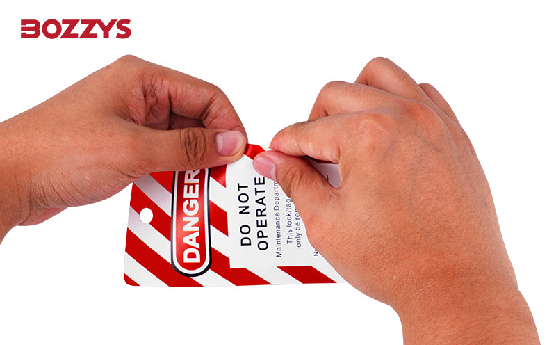 OSHA Compliant LOTO danger tag, durable plastic, red and white striped, by BOZZYS Factory