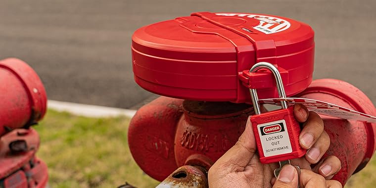 OSHA Compliant LOTO red safety padlock and valve lockout device in use, plastic, by BOZZYS Factory