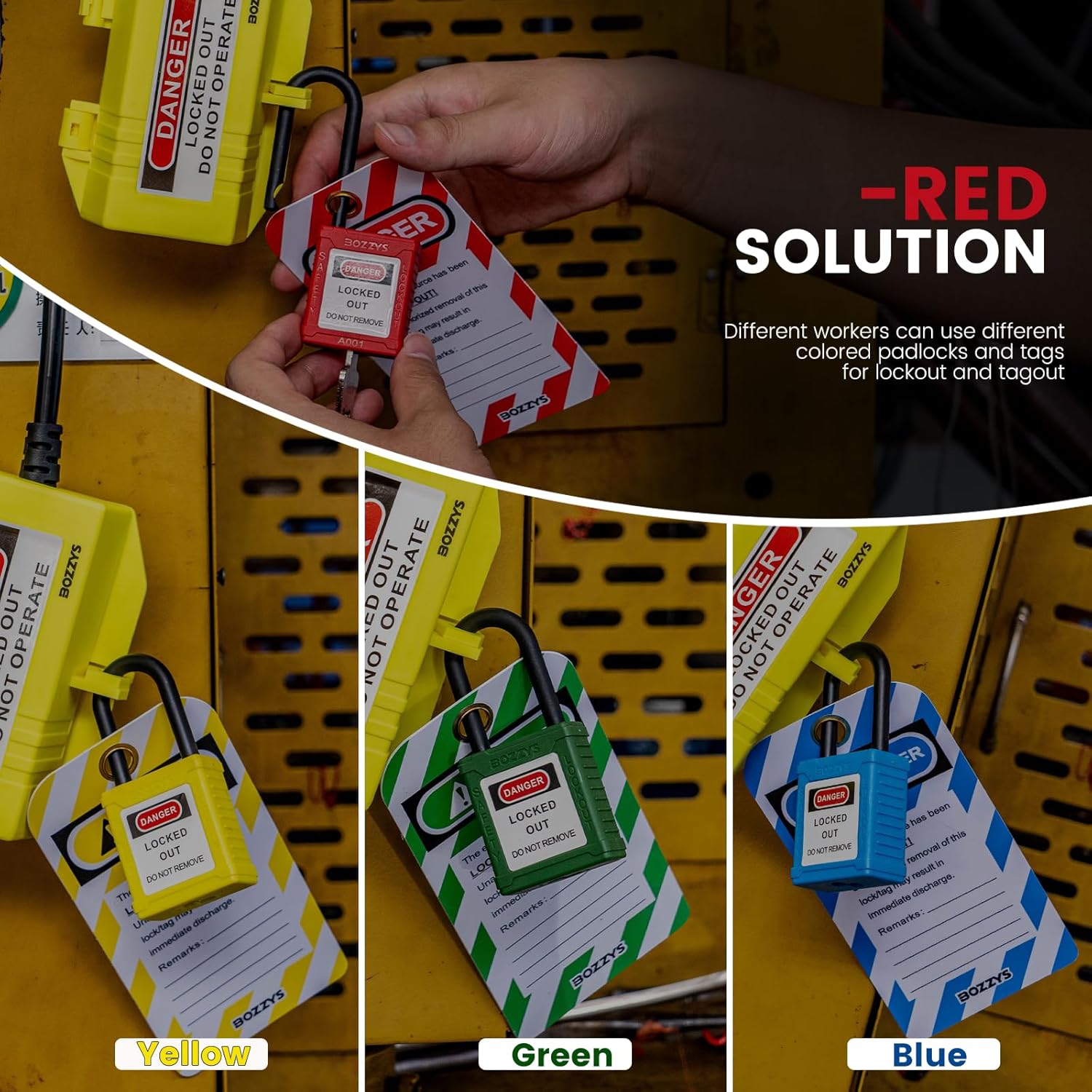 OSHA Compliant LOTO safety padlocks in red, yellow, green, and blue plastic with lockout tags by BOZZYS Factory