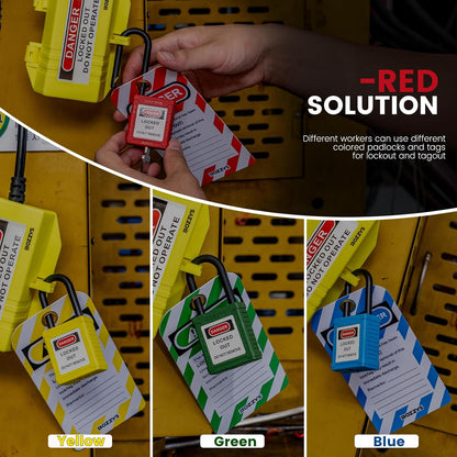OSHA Compliant LOTO safety padlocks in red, yellow, green, and blue plastic with lockout tags by BOZZYS Factory