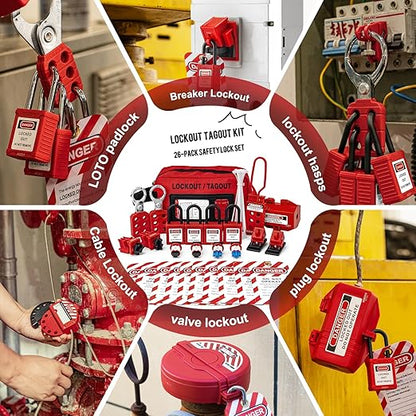 OSHA Compliant LOTO lockout tagout kit with red padlocks, hasps, cable, plug, valve, and breaker lockouts by BOZZYS Factory