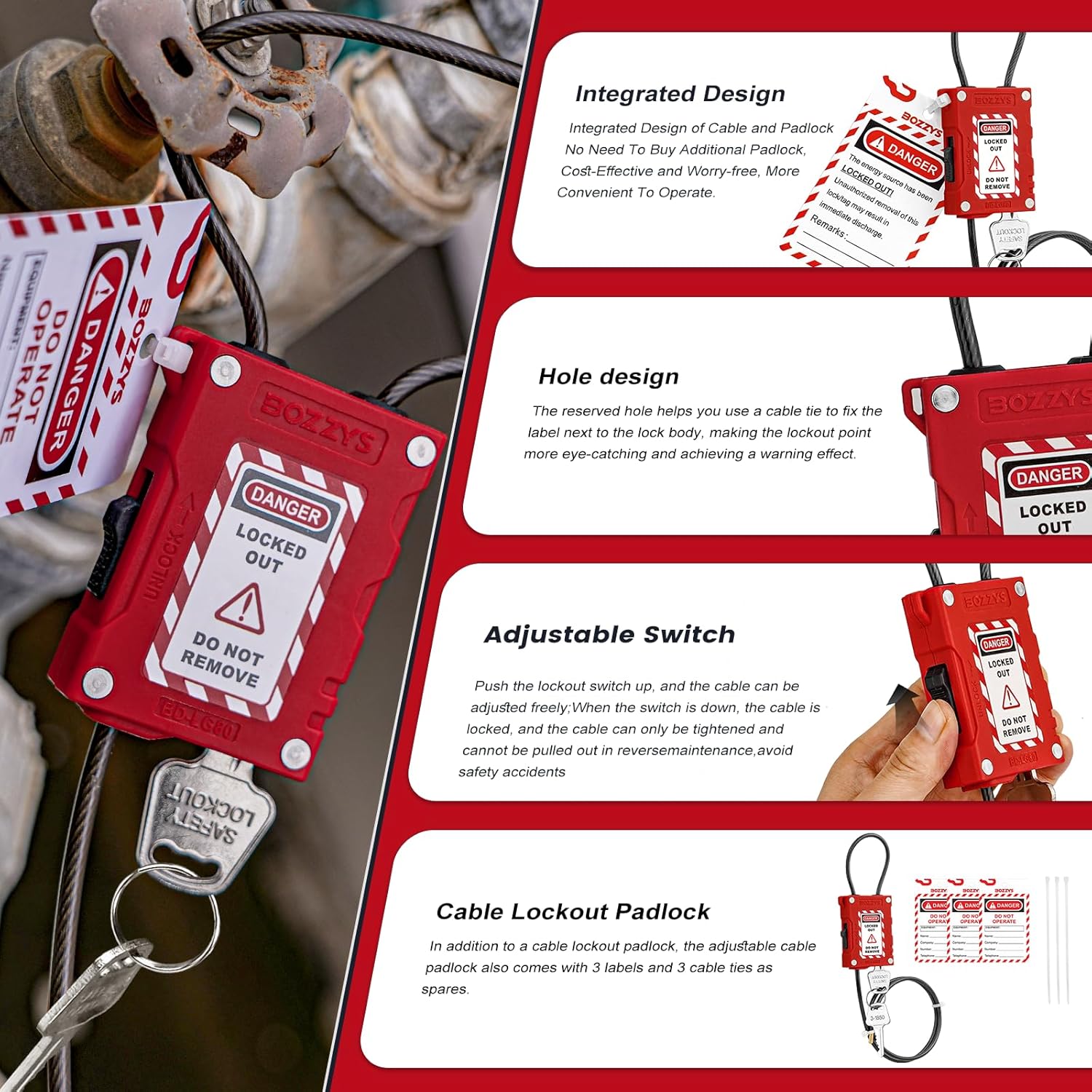 OSHA Compliant LOTO red plastic cable lockout padlock with warning label by BOZZYS Factory