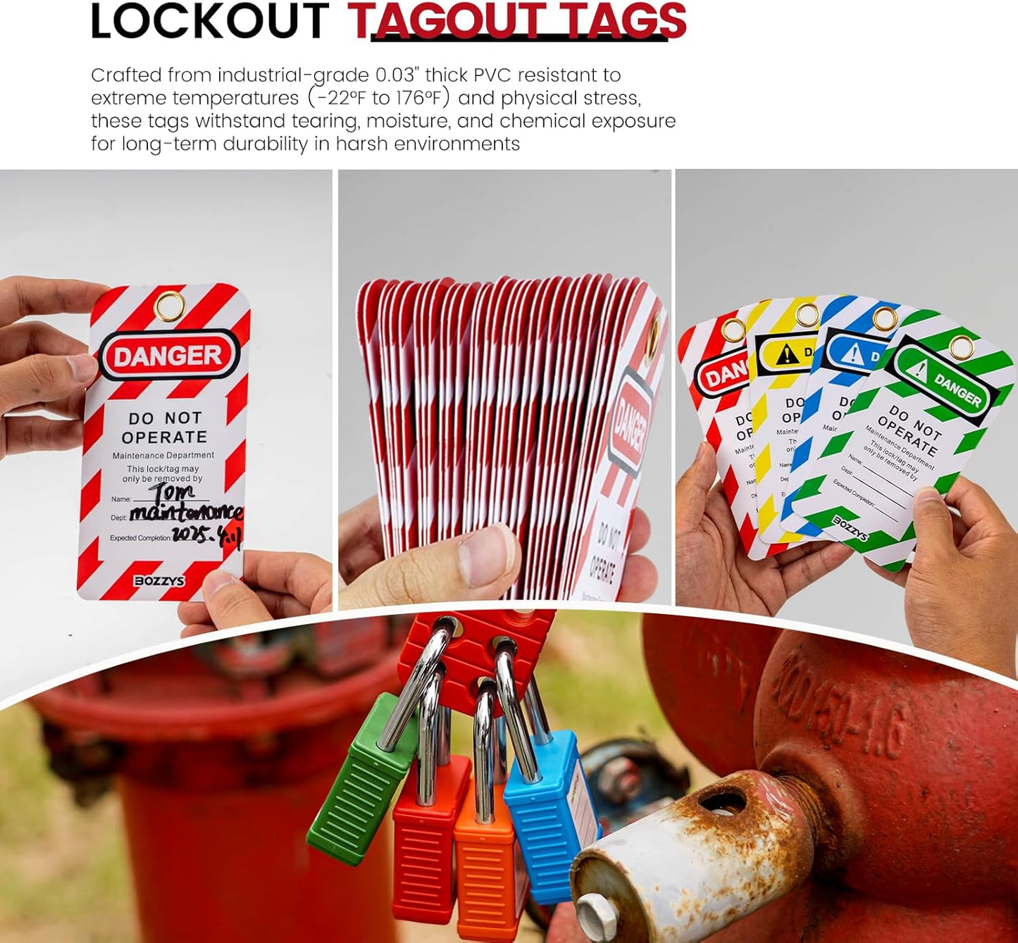 OSHA Compliant LOTO tagout tags and safety padlocks, PVC material, multi-color by BOZZYS Factory