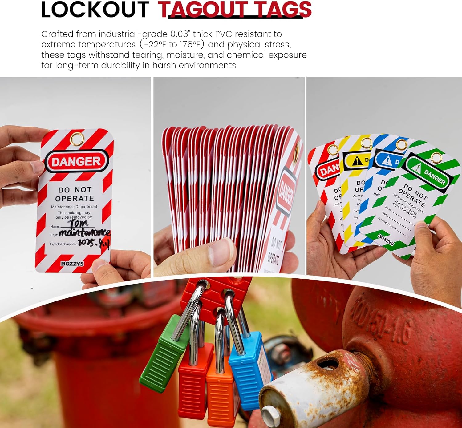 OSHA Compliant LOTO tagout tags and safety padlocks, PVC material, multi-color by BOZZYS Factory