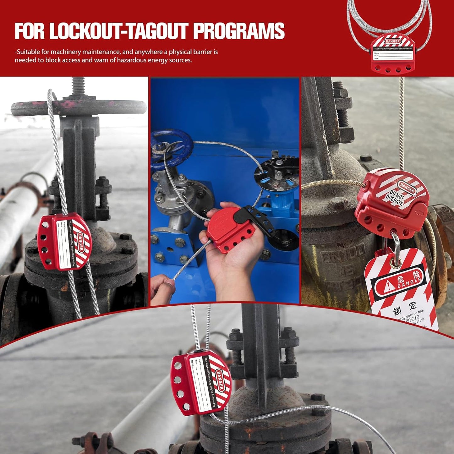 OSHA Compliant red LOTO cable lockout device for industrial valves, durable plastic, by BOZZYS Factory