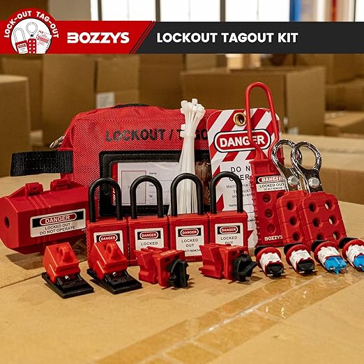 OSHA Compliant LOTO lockout tagout kit with red safety padlocks, hasps, and valve lockouts by BOZZYS Factory