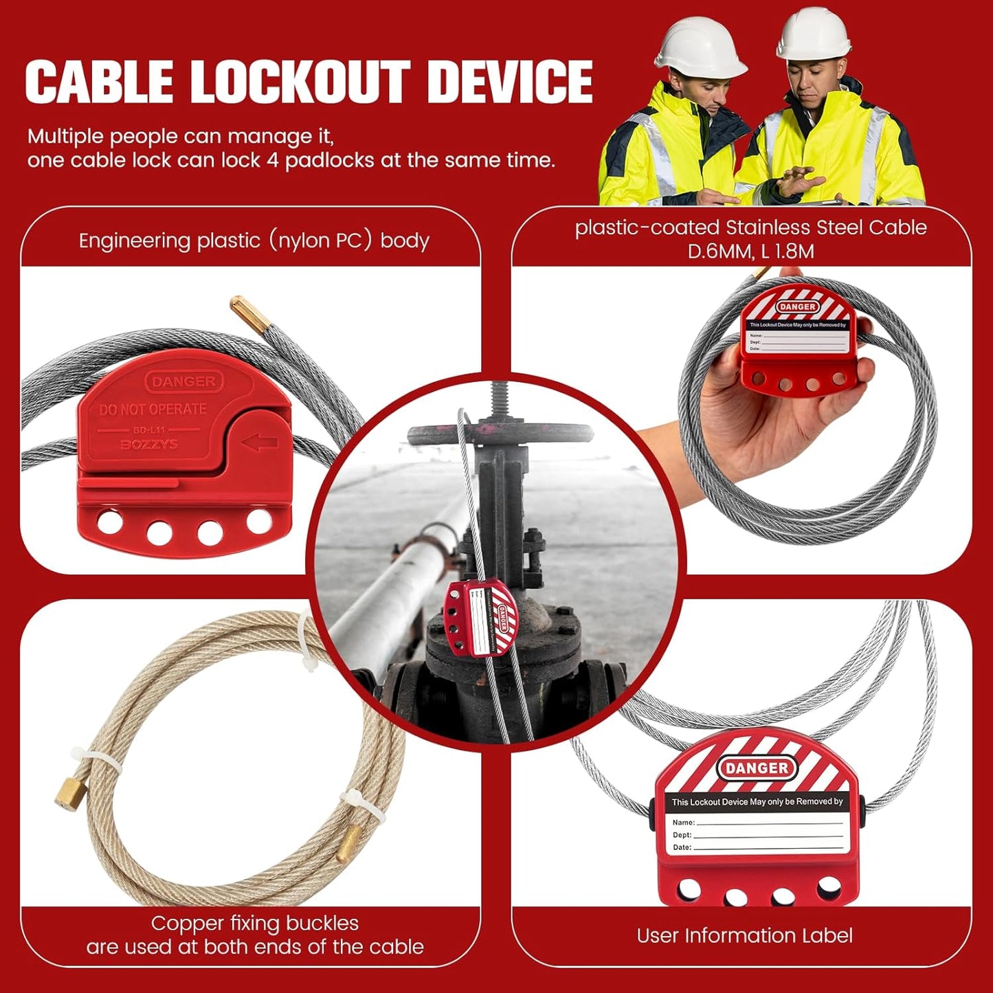 OSHA Compliant LOTO cable lockout device, red engineering plastic, steel cable, by BOZZYS Factory