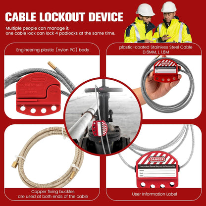 OSHA Compliant LOTO cable lockout device, red engineering plastic, steel cable, by BOZZYS Factory