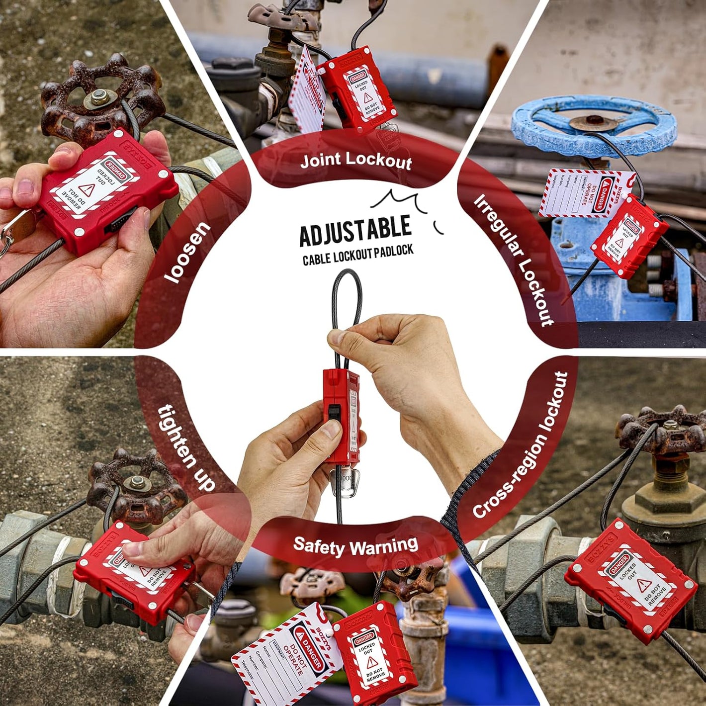 OSHA Compliant LOTO adjustable red cable lockout padlock for valve safety, durable plastic by BOZZYS Factory