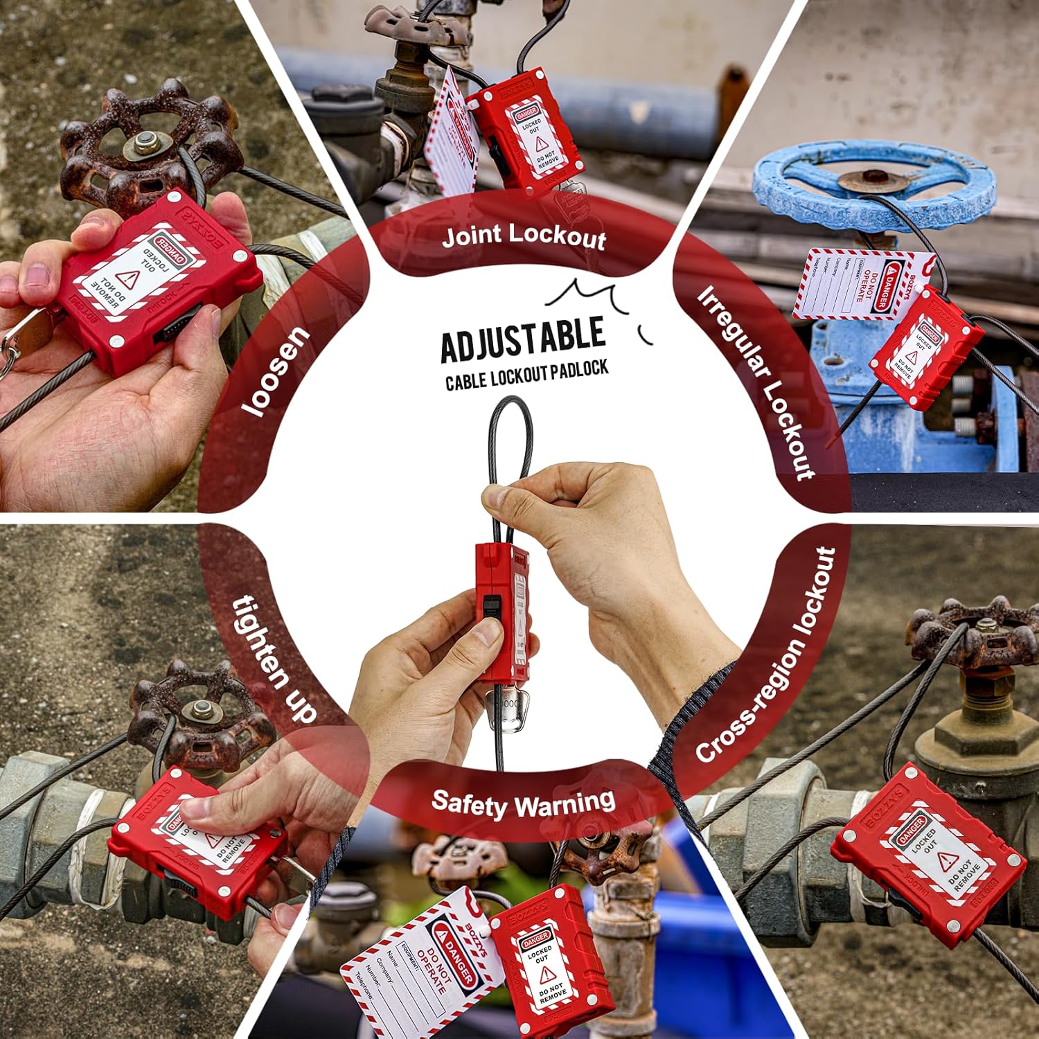 OSHA Compliant LOTO adjustable red cable lockout padlock for valve safety, durable plastic by BOZZYS Factory