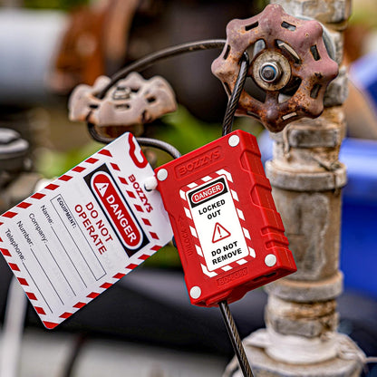 OSHA Compliant LOTO red plastic cable lockout device with tag on valve by BOZZYS Factory