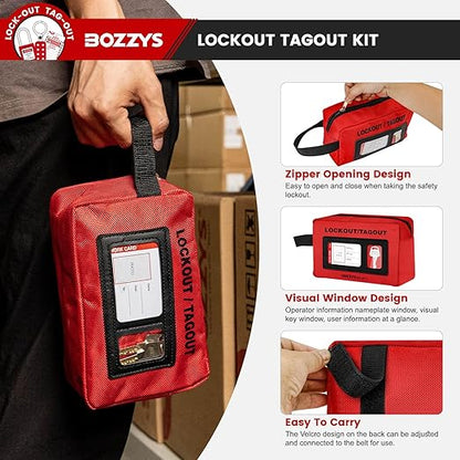 OSHA Compliant LOTO lockout tagout kit, red fabric bag with window, by BOZZYS Factory