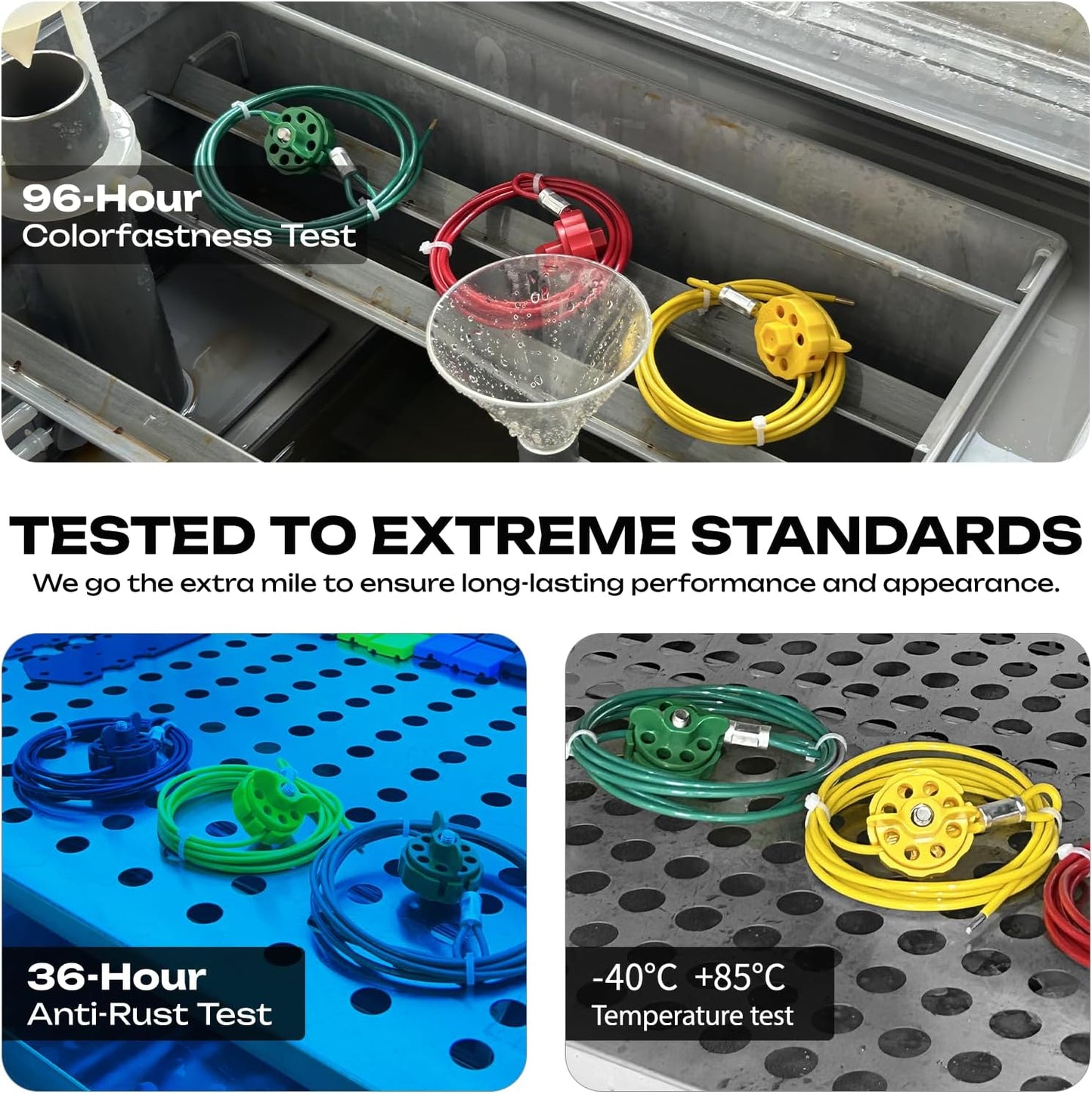 OSHA Compliant LOTO cable lockouts in green, red, and yellow durable plastic, tested by BOZZYS Factory
