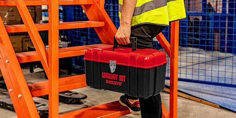 OSHA Compliant LOTO lockout kit, red and black plastic case, by BOZZYS Factory