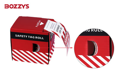 OSHA Compliant LOTO safety tag roll in red cardboard dispenser by BOZZYS Factory