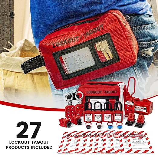 OSHA Compliant LOTO lockout tagout kit with red nylon pouch and safety devices by BOZZYS Factory