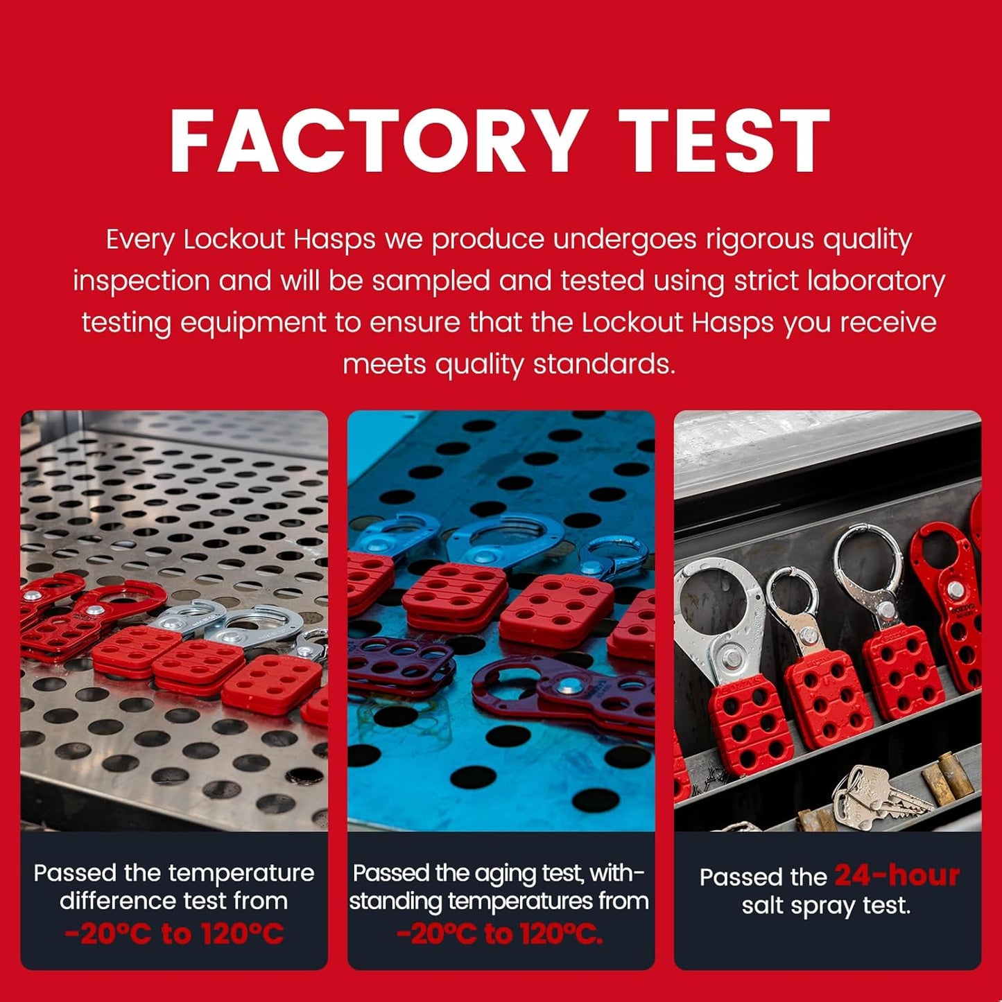 OSHA Compliant LOTO lockout hasp, red and silver metal, factory testing process by BOZZYS Factory