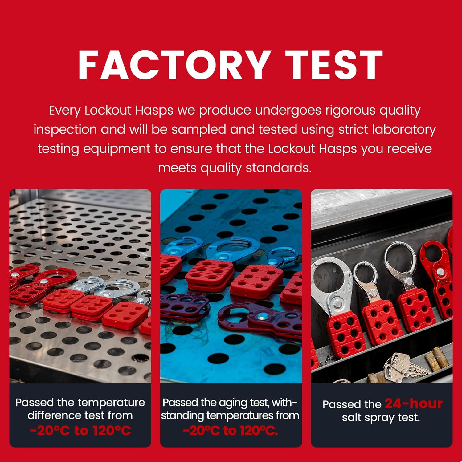 OSHA Compliant LOTO lockout hasp, red and silver metal, factory testing process by BOZZYS Factory